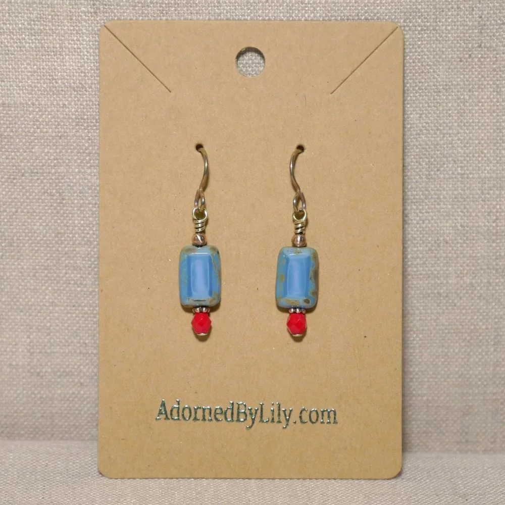 Hand Crafted Handmade Earrings Petite Czech Glass Blue & Red Beaded Earr… - Picture 2 of 4